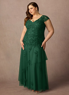 Azazie Romy vestidos de madre de la novia Vestido de Verde Oscuro de Tul de Sirena con Cuello en V Lentejuelas image9