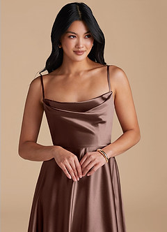 Azazie Elle Bridesmaid Dresses Espresso A-Line with Pockets Metallic Satin Dress image3
