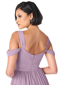 Azazie Lianne Robes de demoiselle d'honneur Robe Trapèze en Mousseline de soie Épaule décolletée Glycine image6