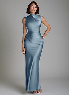 Azazie Lumia At-home Try On Dresses Dusty Blue Sheath Corset Stretch Satin Dress image1