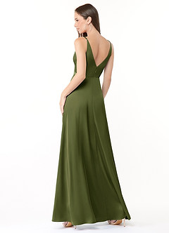 Azazie Dalilah Final Sale Olive A-Line V-Neck Pleated Stretch Satin Dress image2