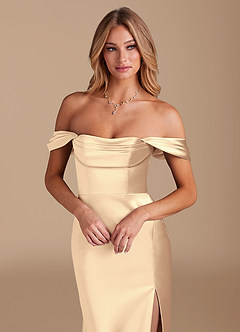 Azazie Saige Bridesmaid Dresses Gold A-Line Off the Shoulder Metallic Satin Convertible Dress image3