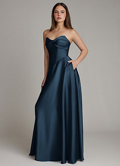 Azazie Meleena Robes de demoiselle d'honneur Robe Trapèze en Satin extensible Bustier Bleu Marine Foncé image6