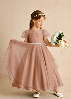 Azazie Duckie Flower Girl Dresses Champagne Rose Ball-Gown Pleated Tulle Dress image3