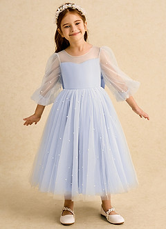 Azazie Trudy 플라워 걸 드레스 볼가운 스윗하트 네크라인 얇실버 명주 그물 티 길이 드레스 image3