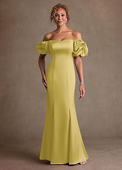 Azazie Redding Klänningar till brudens mor Klä Tubklänning i Stretch Satin Rynkad Kanariefågel image1