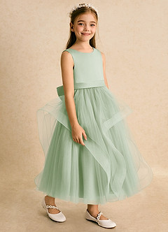 Azazie Vana Blumenmädchenkleider Ballkleid Schleifen Tüll Kleid Staubiger Salbeigrün image4