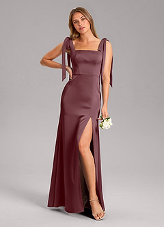 Azazie Frostine Bridesmaid Dresses Sangria A-Line Bow Stretch Satin Dress image1