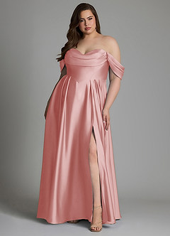 Azazie Loisa At-home Try On Dresses Dusty Blue A-Line Off the Shoulder Stretch Satin Dress image8