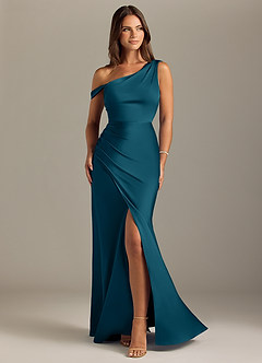 Azazie Madelyn Vestidos de damas de honor Vestido de Azul Tinta de Satén Elástico de Corte Sirena Convertible con Vestidos sin tirantes image1