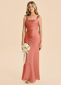 Azazie Agustina Junior Salmon Pink Sheath Pleated Stretch Satin Dress image4