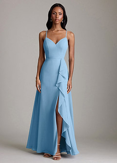 Azazie Naeem Bridesmaid Dresses Steel Blue A-Line V-Neck Ruffle Chiffon Dress image3