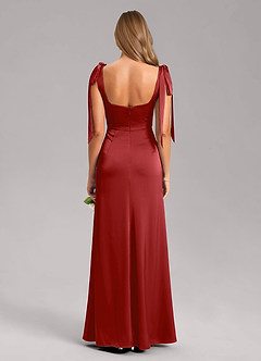 Azazie Frostine Bridesmaid Dresses Pomegranate A-Line Bow Stretch Satin Dress image8
