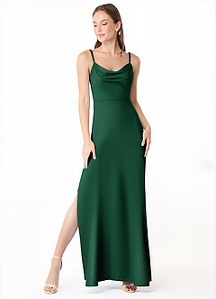 Azazie Alaija Bridesmaid Dresses Dark Green Mermaid Side Slit Stretch Satin Dress image2