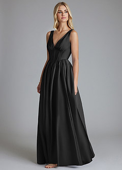 Azazie Delmie Bridesmaid Dresses Black A-Line Corset Stretch Satin Dress image4