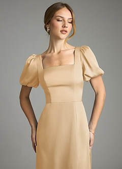 Azazie Fyona Bridesmaid Dresses Gold A-Line Pleated Stretch Satin Dress image12