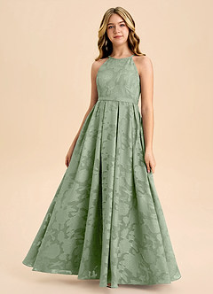 Azazie Arianthe Junior Dusty Sage A-Line Pleated Floral Burnout Dress image2