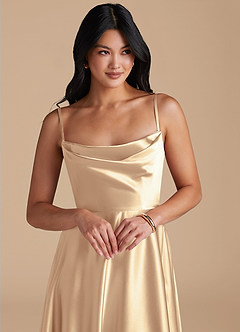 Azazie Elle Vestidos de damas de honor Vestido de Oro de Satén Metálico de Corte en A con Con bolsillos image3