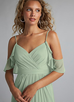 Azazie Fiena Final Sale Dusty Sage A-Line V-neck Ruched Mesh Dress image6