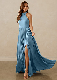 Christian Siriano Bridal for Azazie 1007 Robes de demoiselle d'honneur Robe Trapèze en Satin extensible Plissée Acier Bleuté image3