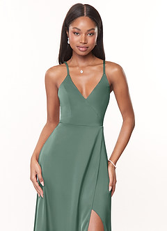 Azazie Maksim Bridesmaid Dresses Eucalyptus A-Line V-Neck Stretch Satin Dress image5
