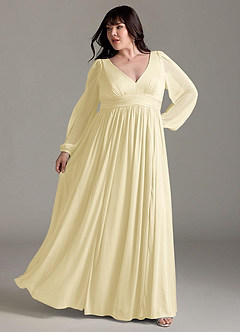 Azazie Norah Robes de demoiselle d'honneur Robe Trapèze en Mousseline de soie Col en V, manches longues Sorbet Citron image8