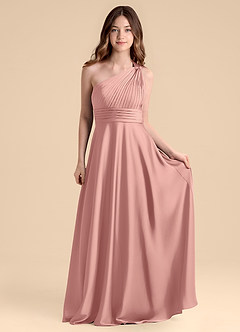 Azazie Charlize Junior Rosette A-Line Pleated Stretch Satin Dress image4