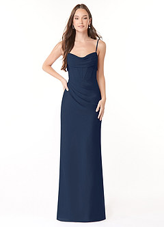 Azazie Mai Robes de demoiselle d'honneur Robe Fourreau en Mousseline de soie Plissée Bleu Marine Foncé image1