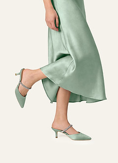 front Matching Color Stretch Satin Rhinestone Slip-on Kitten Heels