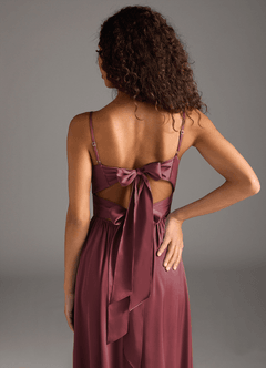 Azazie Zeya Bridesmaid Dresses Merlot A-Line Pleated Stretch Satin Dress image4
