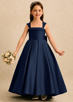 Azazie Genie Flower Girl Dresses Dark Navy Ball-Gown Off the Shoulder Matte Satin Dress image3