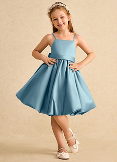 Azazie Davine Flower Girl Dresses Moody Blue A-Line Spaghetti Strap Matte Satin Dress image3