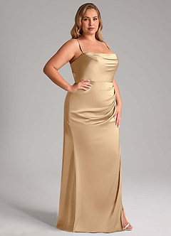 Azazie Leonis Vestidos de damas de honor Vestido de Champán de Satén Elástico de Corte Sirena Convertible con Plisado image13
