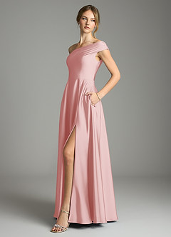 Azazie Melanie Robes de demoiselle d'honneur Robe Trapèze en Satin extensible Épaule décolletée Rose Poudré image4