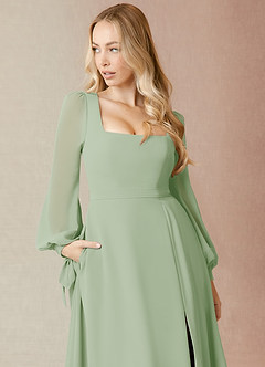 Azazie Leonia Bridesmaid Dresses Dusty Sage A-Line Long Sleeve Chiffon Dress image6