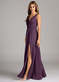 Azazie Tanicia Robes de demoiselle d'honneur Robe Trapèze en Satin extensible Plissée Prune image5