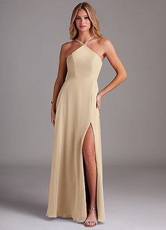 Azazie Bailey Bridesmaid Dresses Champagne A-Line Halter Side Slit Chiffon Dress image1