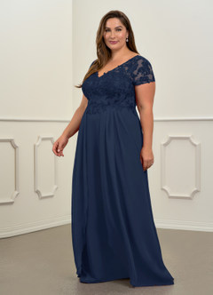 Azazie Dunja Mother of the Bride Dresses Dark Navy A-Line V-Neck Lace Chiffon Dress image4