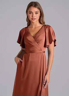 Azazie Ambrosia Bridesmaid Dresses Clay A-Line Pleated Stretch Satin Dress image2