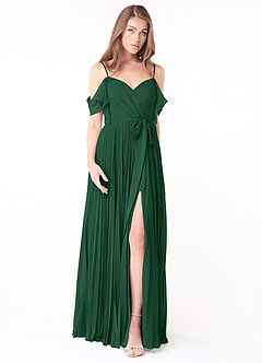 Azazie Lyney Bridesmaid Dresses Dark Green A-Line Off the Shoulder Chiffon Dress image1