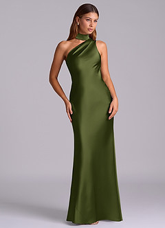 Azazie Seona Bridesmaid Dresses Olive Mermaid One Shoulder Stretch Satin Dress image7