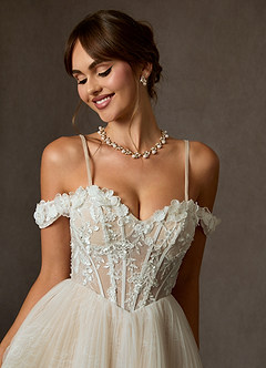 Azazie Sorel Hochzeitskleider Ballkleid Schulterfrei Spitze Kleid Diamantweiß Nude image10