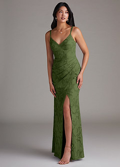 Azazie Leo Bridesmaid Dresses Olive Sheath Pleated Floral Burnout Dress image3