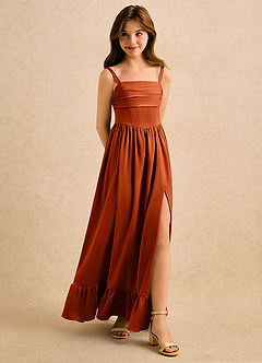 Azazie Maisie Girls Formal Robe Demoiselle D'honneur Fillette Robe Trapèze en Satin extensible Rayé Paprika image3