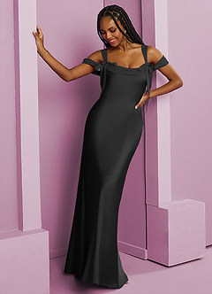 Barbie ♥ Azazie Jurken voor bruidsmeisjes Jurk van Stretch Satijn met Kolom Geplooid Zwart image12