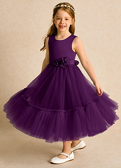 Azazie Miracle Flower Girl Dresses Grape A-Line Bow Matte Satin Dress image4