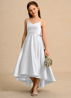 Azazie Sweets Girl vestidos de niña de las flores Vestido de Blanco de Satin Mate de Corte En A con Plisado image3