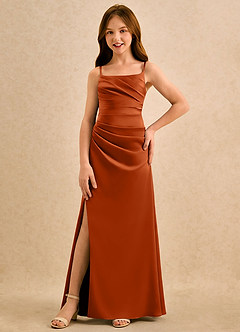 Azazie Cannoli Girls Formal Flower Girl Dresses Burnt Orange A-Line Pleated Stretch Satin Dress image3