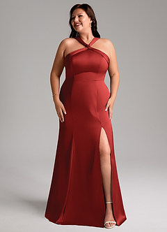 Azazie Rue Bridesmaid Dresses Pomegranate A-Line Pleated Stretch Satin Dress image10