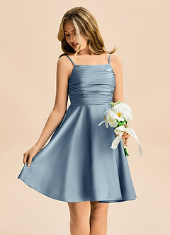 Azazie Miko Junior Dusty Blue A-Line Pleated Stretch Satin Dress image4